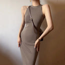 Vestido feminino com gola alta sem mangas Lucyever, sexy fora do ombro, vestidos bodycon divididos, vestido longo de malha vintage fino, verão