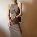 Vestido feminino com gola alta sem mangas Lucyever, sexy fora do ombro, vestidos bodycon divididos, vestido longo de malha vintage fino, verão