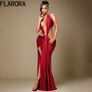 Florora luxo oco sem costas maxi vestido mulher sexy halter profundo decote em v sem mangas ruched retalhos vestidos chique festa clubwear