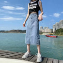 Saia Jeans Feminina Midi Modeladora Casual de Cintura Alta Vintage com Fenda Lateral A-Line Bodycon Confortável de Algodão