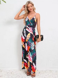 Vestido estampado sem mangas com decote em v feminino, boêmio, sem encosto, colete, elegante, férias, vestidos longos