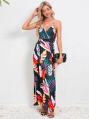 Vestido estampado sem mangas com decote em v feminino, boêmio, sem encosto, colete, elegante, férias, vestidos longos