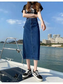 Saia Jeans Feminina Midi Modeladora Casual de Cintura Alta Vintage com Fenda Lateral A-Line Bodycon Confortável de Algodão