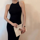 Vestido feminino com gola alta sem mangas Lucyever, sexy fora do ombro, vestidos bodycon divididos, vestido longo de malha vintage fino, verão