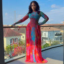 Sexy carta impressão transparente malha sheer vestido 2025 nova moda outono inverno elegante manga longa clube festa vestidos longos