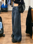 Calça Jeans Feminina Americana Retrô Azul Boca de Sino, Estilo High Street, Sexy, Modeladora, Comprida, Perna Larga, Comprimento até o Chão, em Poliéster e Denim