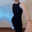 Vestido feminino com gola alta sem mangas Lucyever, sexy fora do ombro, vestidos bodycon divididos, vestido longo de malha vintage fino, verão