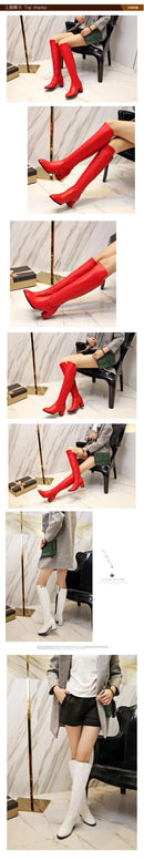 Botas altas no joelho para mulheres, sapatos pretos longos, saltos grossos, quentes, elegantes, senhoras, outono, inverno