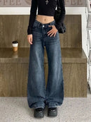 Calça Jeans Feminina Americana Retrô Azul Boca de Sino, Estilo High Street, Sexy, Modeladora, Comprida, Perna Larga, Comprimento até o Chão, em Poliéster e Denim