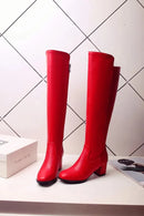 Botas altas no joelho para mulheres, sapatos pretos longos, saltos grossos, quentes, elegantes, senhoras, outono, inverno
