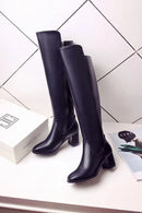 Botas altas no joelho para mulheres, sapatos pretos longos, saltos grossos, quentes, elegantes, senhoras, outono, inverno