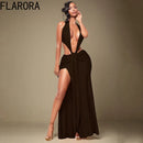 Florora luxo oco sem costas maxi vestido mulher sexy halter profundo decote em v sem mangas ruched retalhos vestidos chique festa clubwear