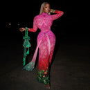 Sexy carta impressão transparente malha sheer vestido 2025 nova moda outono inverno elegante manga longa clube festa vestidos longos