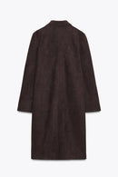 Casaco Feminino de Outono Estilo Minimalista Manga Longa com Barra Reta Efeito Camurça Reversível Estilo Commute Comprimento ...