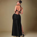 Florora luxo oco sem costas maxi vestido mulher sexy halter profundo decote em v sem mangas ruched retalhos vestidos chique festa clubwear