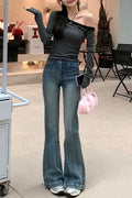 Calça Jeans Feminina Azul Retrô Americana Plus Size com Cintura Alta, Efeito Modelador, Perna Larga e Barra Evasê, Nova Coleç...