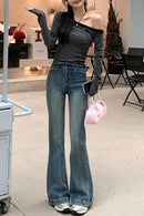 Calça Jeans Feminina Azul Retrô Americana Plus Size com Cintura Alta, Efeito Modelador, Perna Larga e Barra Evasê, Nova Coleç...