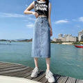 Saia Jeans Feminina Midi Modeladora Casual de Cintura Alta Vintage com Fenda Lateral A-Line Bodycon Confortável de Algodão