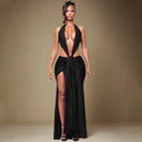 Florora luxo oco sem costas maxi vestido mulher sexy halter profundo decote em v sem mangas ruched retalhos vestidos chique festa clubwear