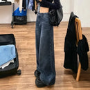 Calça Jeans Feminina Americana Retrô Azul Boca de Sino, Estilo High Street, Sexy, Modeladora, Comprida, Perna Larga, Comprimento até o Chão, em Poliéster e Denim