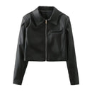 Moda curta jaqueta de motociclista feminina couro falso turn-down colarinho zíper estilo rua solto ajuste manga longa casaco de inverno
