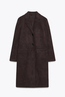 Casaco Feminino de Outono Estilo Minimalista Manga Longa com Barra Reta Efeito Camurça Reversível Estilo Commute Comprimento ...