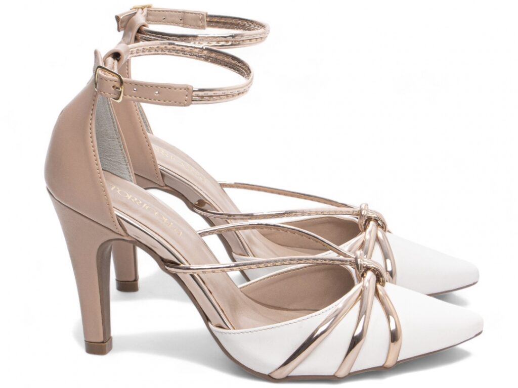 Scarpin feminino branco e rosé salto alto 9cm