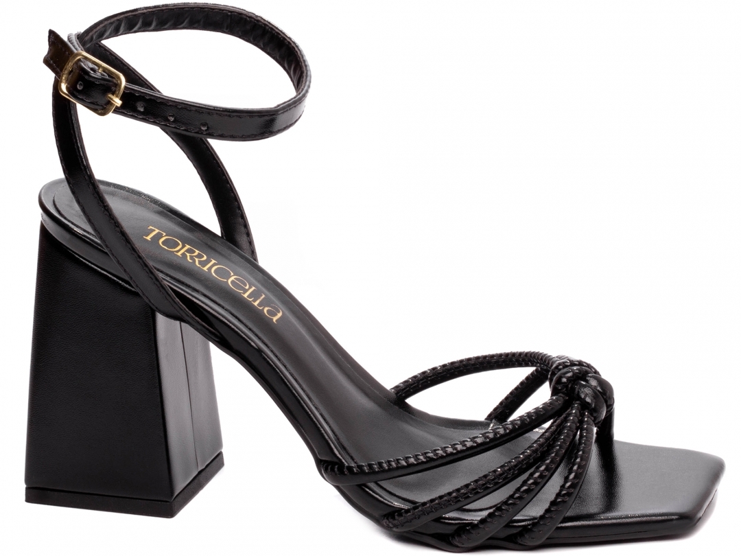 Sandália Feminina Preta Salto Grosso 9cm Elegante