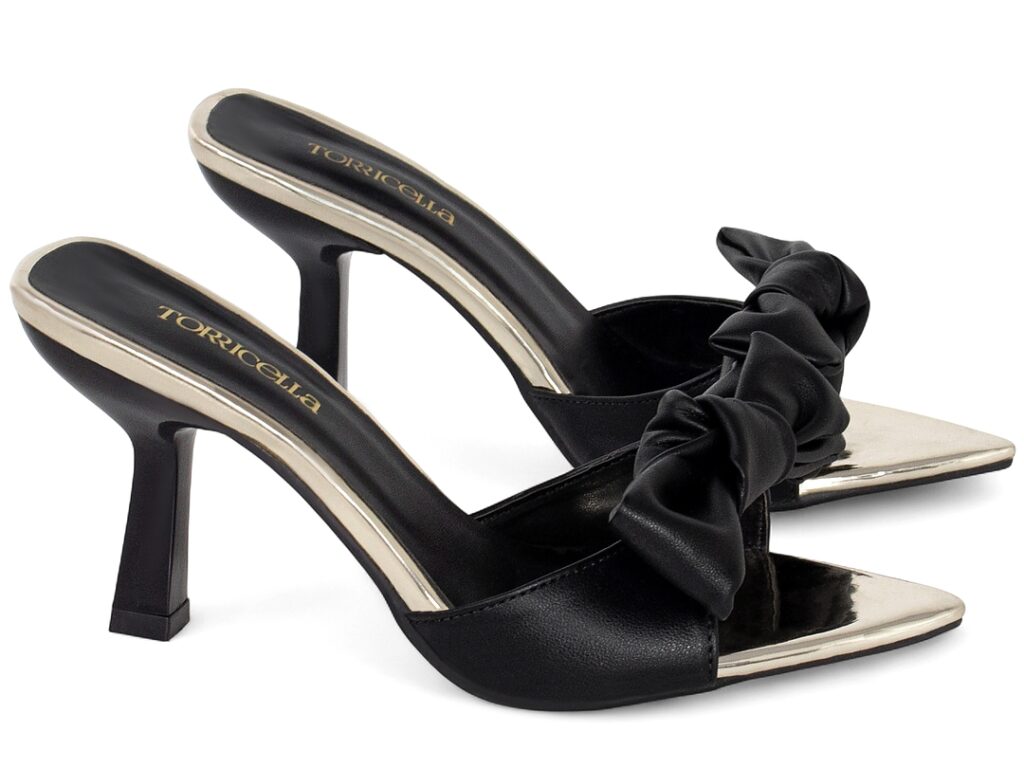 Sandália Tamanco Mule Feminina Preta Laço Salto Fino 9cm