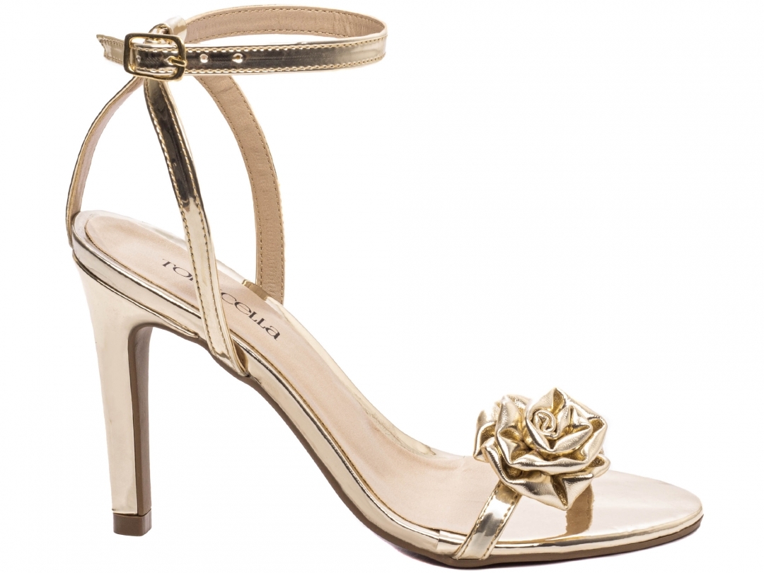 Sandália Feminina Dourada Flor Salto Fino 9,5cm