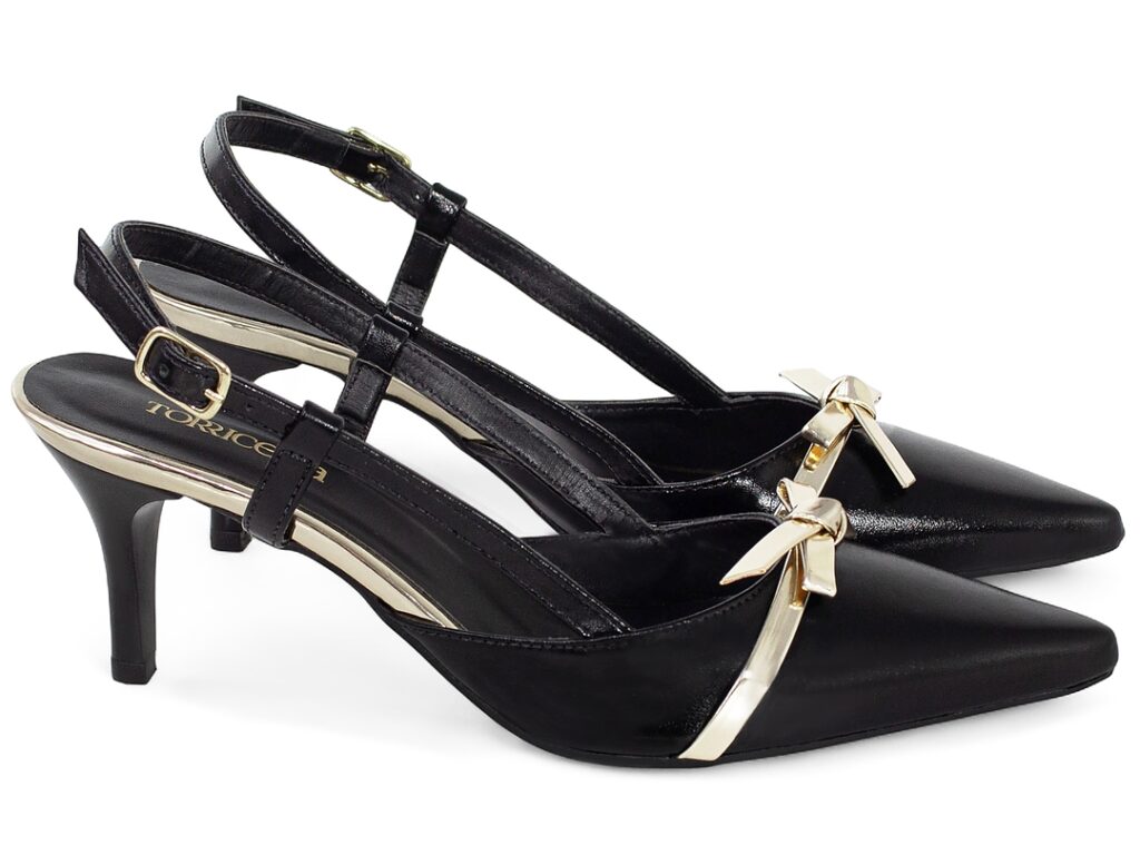 Scarpin Slingback Feminino Preto Dourado Salto Fino 6cm