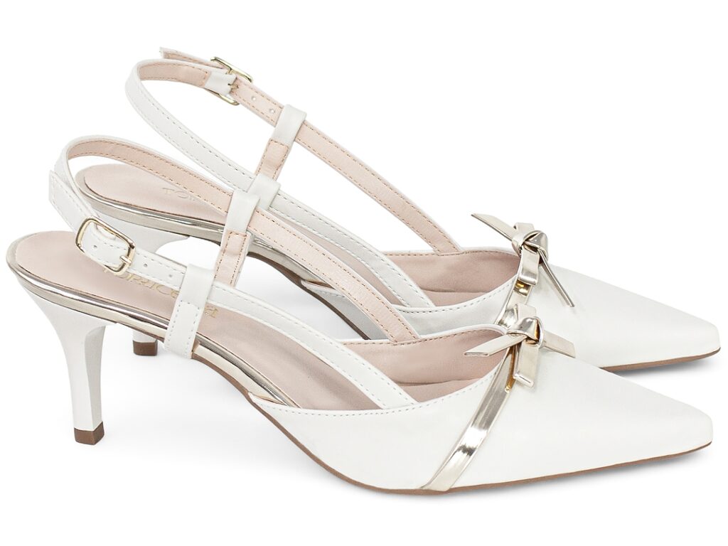 Scarpin Slingback Feminino Off White Dourado Salto Fino 6cm
