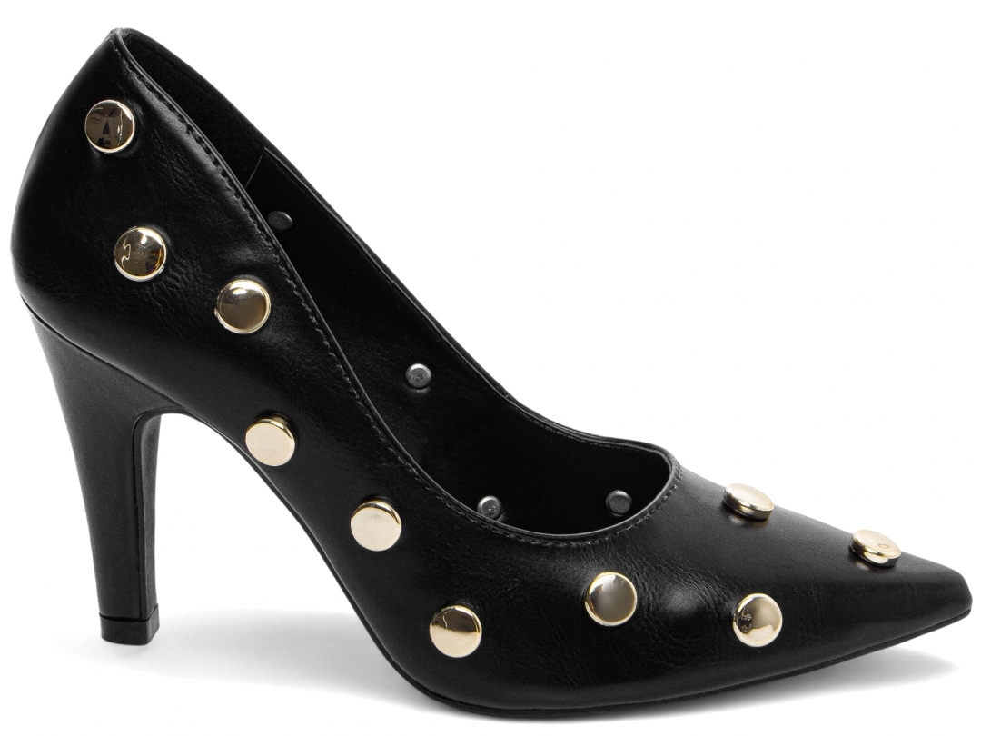 Scarpin Feminino Preto com Apliques Dourados Salto 9cm