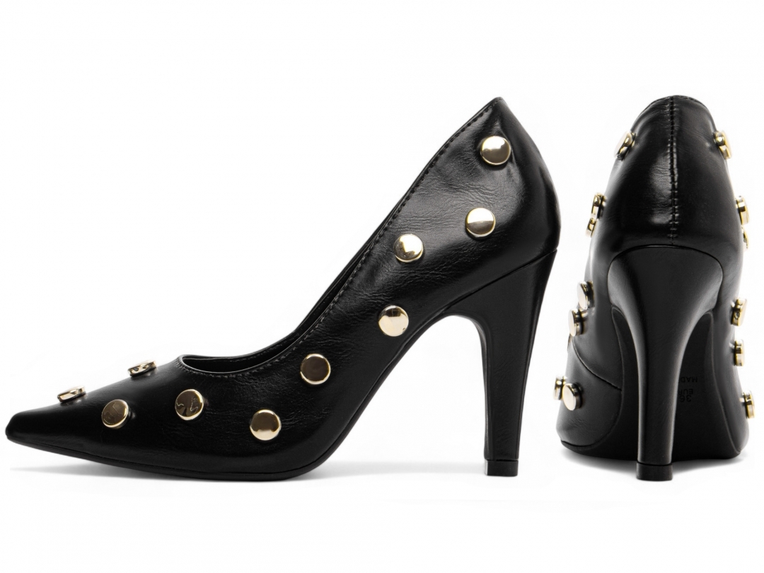 Scarpin Feminino Preto com Apliques Dourados Salto 9cm