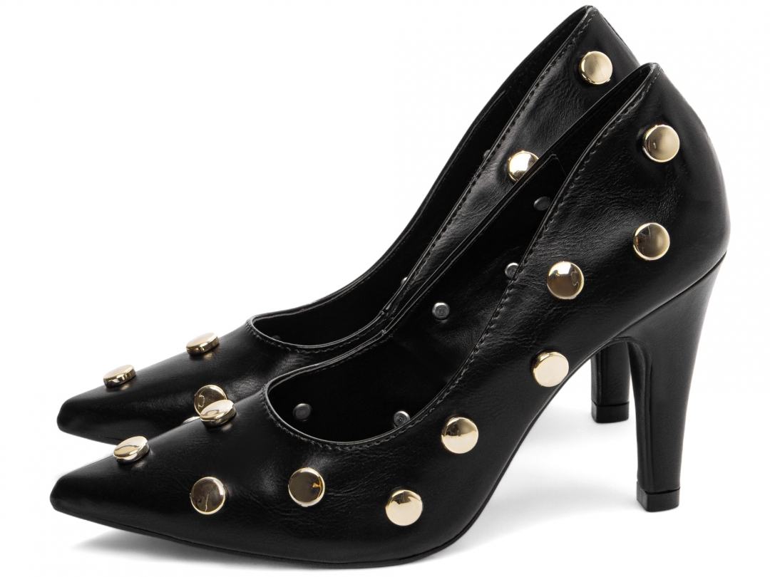 Scarpin Feminino Preto com Apliques Dourados Salto 9cm