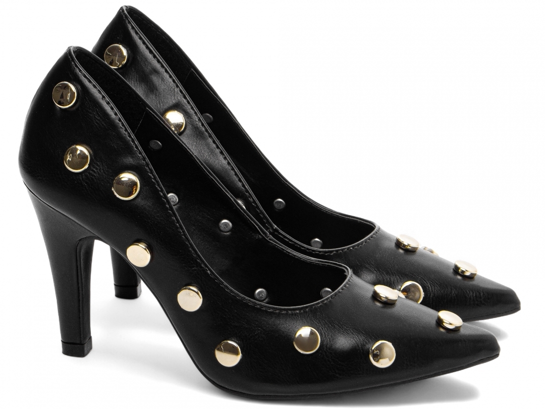 Scarpin Feminino Preto com Apliques Dourados Salto 9cm