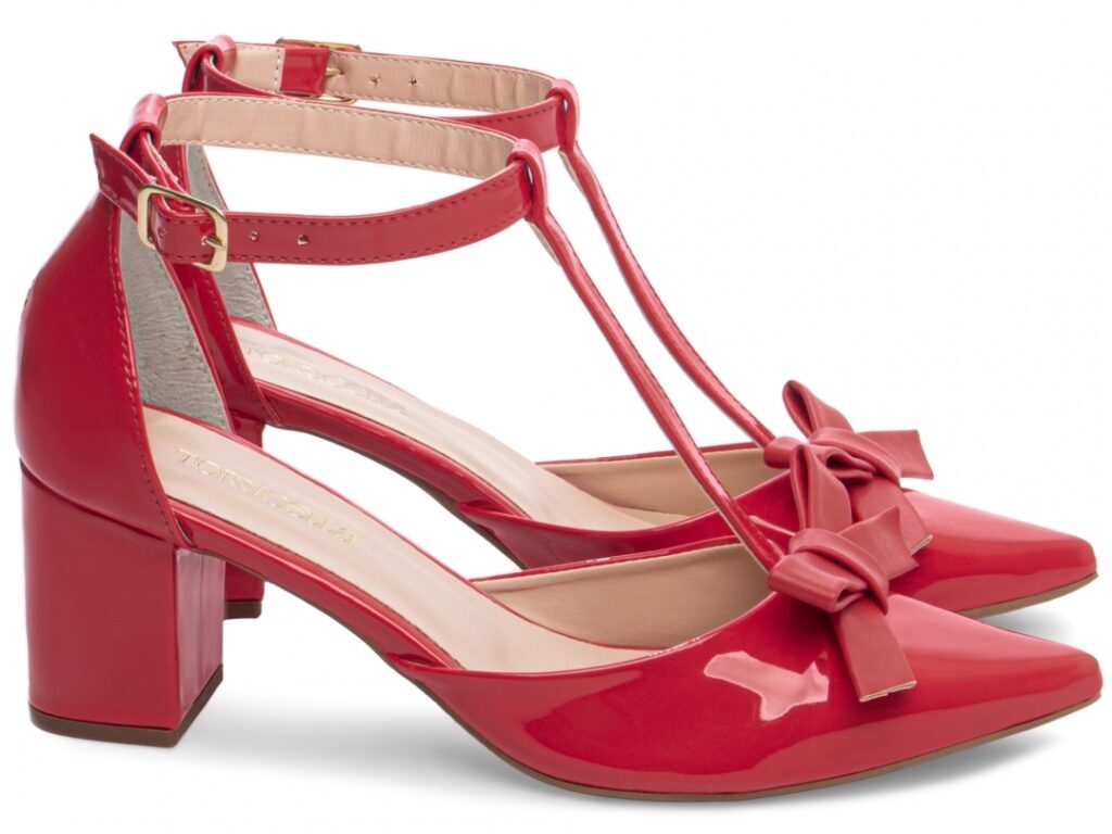 Scarpin Feminino Vermelho Verniz Laço Salto Grosso 6,5cm